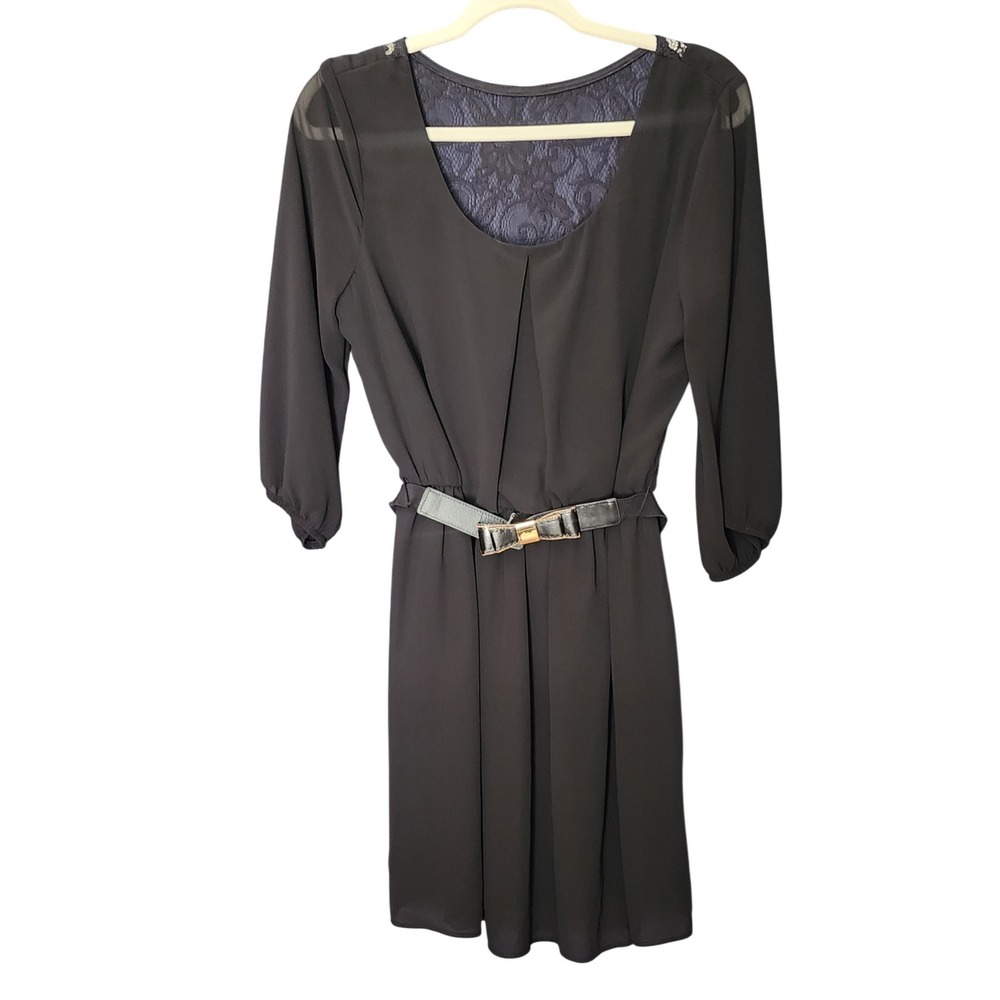 IZ Byer NWOT Women Party Dress Black Lace Back Belted Chiffon 3/4 Sleeve L